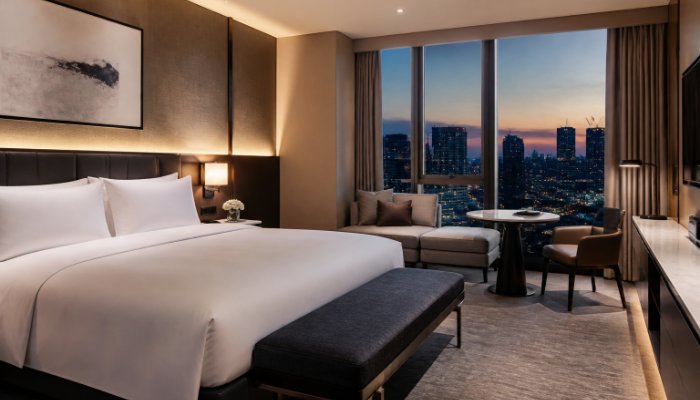 A modern luxury hotel room with a large window overlooking a city skyline at dusk, a king-sized bed with white linens.