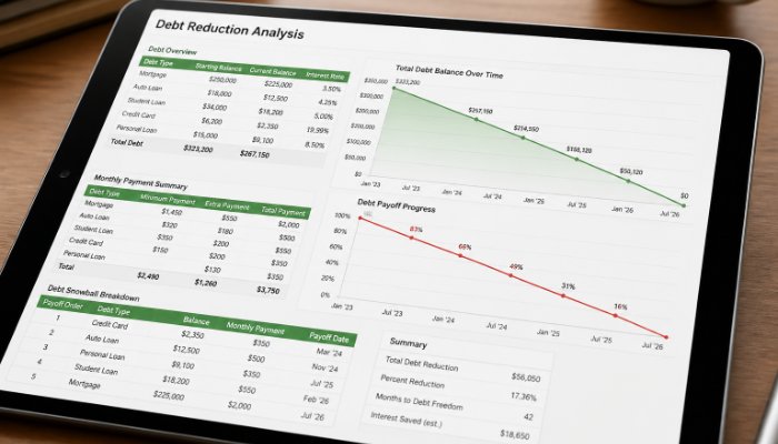 A high-resolution close-up of a digital tablet showing a complex financial spreadsheet with green and red line graphs in