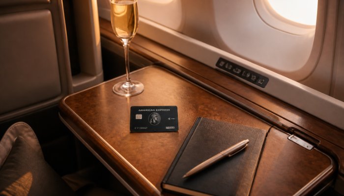 High-angle shot of a first-class airplane seat with a black credit card resting on a wooden tray table next to a glass o
