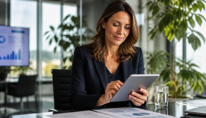 A professional woman in a modern glass-walled boardroom reviewing financial charts on a tablet, vibrant office plants in