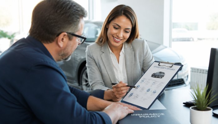 A professional insurance agent in a clean, modern office setting reviewing vehicle safety documents with a client, high-