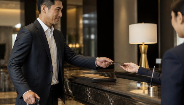 A person in business attire checking into a luxurious hotel lobby with a discreet black credit card, representing seamle