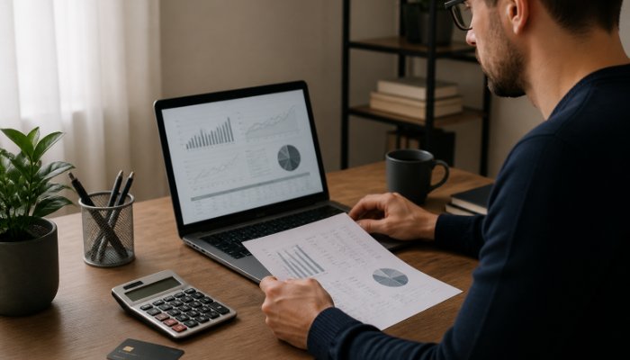 A person at a home office desk, reviewing financial statements on a laptop, with a Cartão Black card subtly placed next 