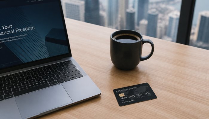 High-angle shot of a minimalist wooden desk with a thin laptop, a dark ceramic coffee mug, and a single premium credit c