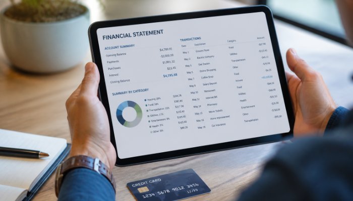 A close-up of a consumer reviewing a detailed financial statement on a tablet, with a credit card resting on the desk, e