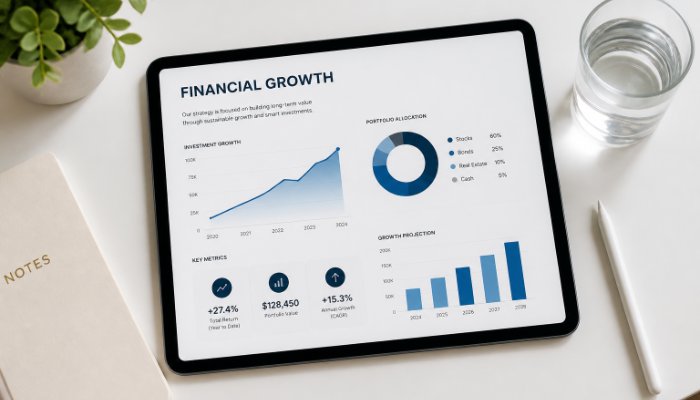 An overhead shot of a clean, minimalist workstation with a digital tablet displaying financial growth infographics and a