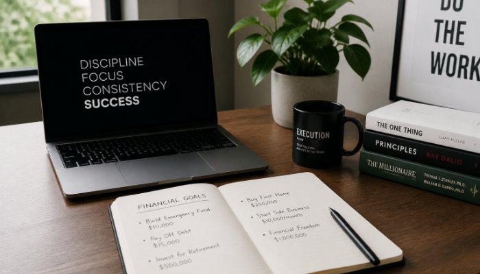 A clean home office setup with a high-end laptop, a notebook with neatly written financial goals, and a green plant in t