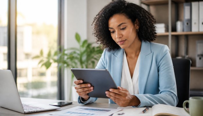 A professional woman in a modern office looking at data charts on a tablet, symbolizing careful financial planning and c