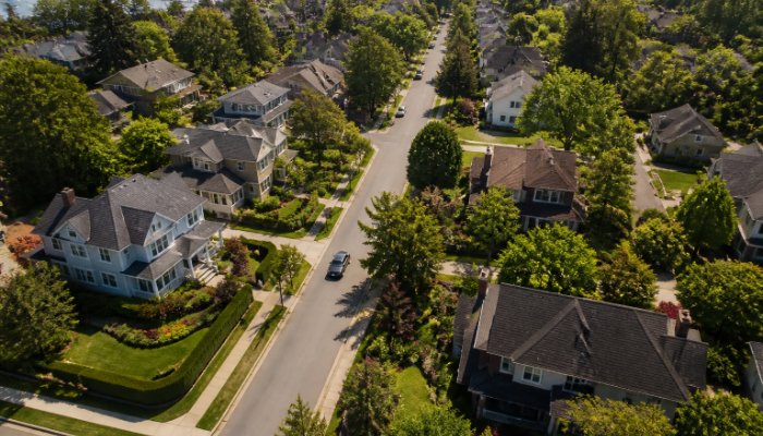 An aerial view of a peaceful suburban neighborhood with diverse architectural styles and green spaces, demonstrating pro