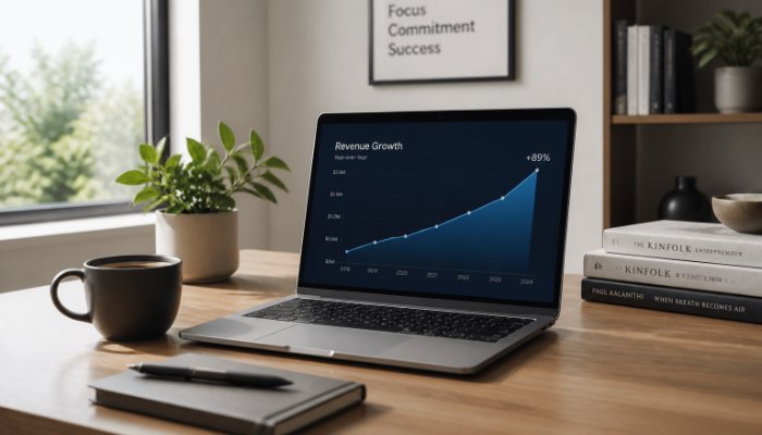 A clean, minimalist home office desk with a laptop showing a steady upward growth chart and a cup of coffee, bright dayl