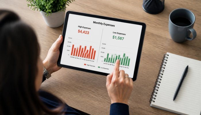 An overhead shot of a person using a tablet to compare financial bar charts showing the difference between high and low