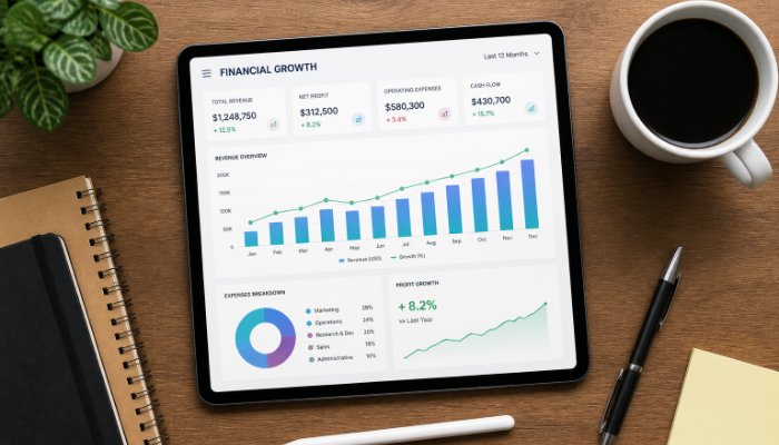 An overhead shot of a clean wooden desk with a digital tablet displaying colorful financial growth charts and a cup of b