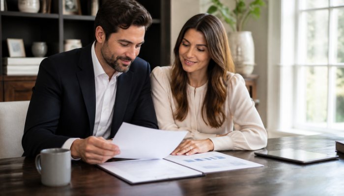 A professional couple sitting at a dark wood dining table reviewing documents with a calm expression, suggesting a succe