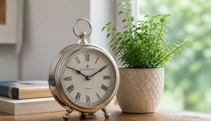 An elegant silver clock resting on a wooden table next to a growing green plant in a ceramic pot, symbolizing the passag