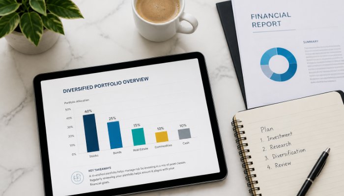 An overhead shot of a clean workspace featuring a tablet showing a diversified financial bar chart, a cup of coffee, and