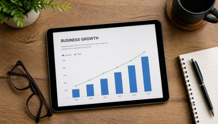 An overhead view of a well-organized desk with a digital tablet displaying a clean growth chart, surrounded by a pair of
