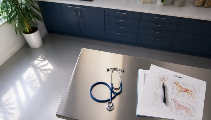 An overhead shot of a clean, modern veterinary examination room with a stethoscope and medical charts on a table, soft l