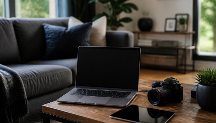 High-quality professional photo of a modern living room with a laptop, tablet, and camera on a wooden coffee table, symb
