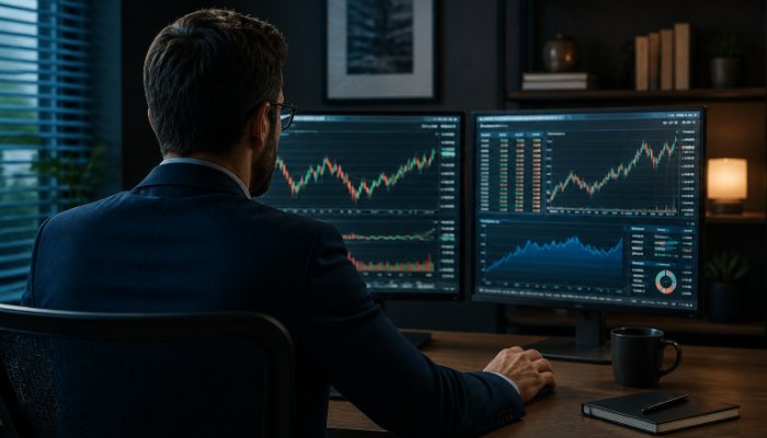 An over-the-shoulder shot of a professional looking at complex financial graphs on a dual-monitor setup in a dimly lit,