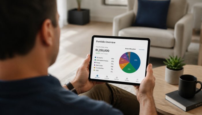 An over-the-shoulder shot of a person sitting in a bright, modern living room, looking at a clean financial dashboard on