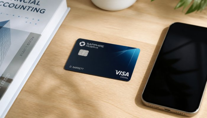 High-angle editorial shot of a clean workspace featuring a sleek credit card placed next to a textbook and a smartphone,