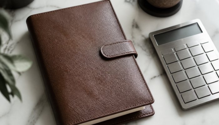 A high-quality close-up of a premium leather-bound planner and a minimalist metallic calculator on a marble tabletop, da