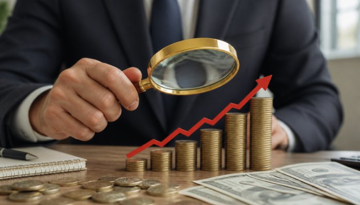 A person in a business suit holding a magnifying glass over a bar graph showing rising prices, with coins and bills scat